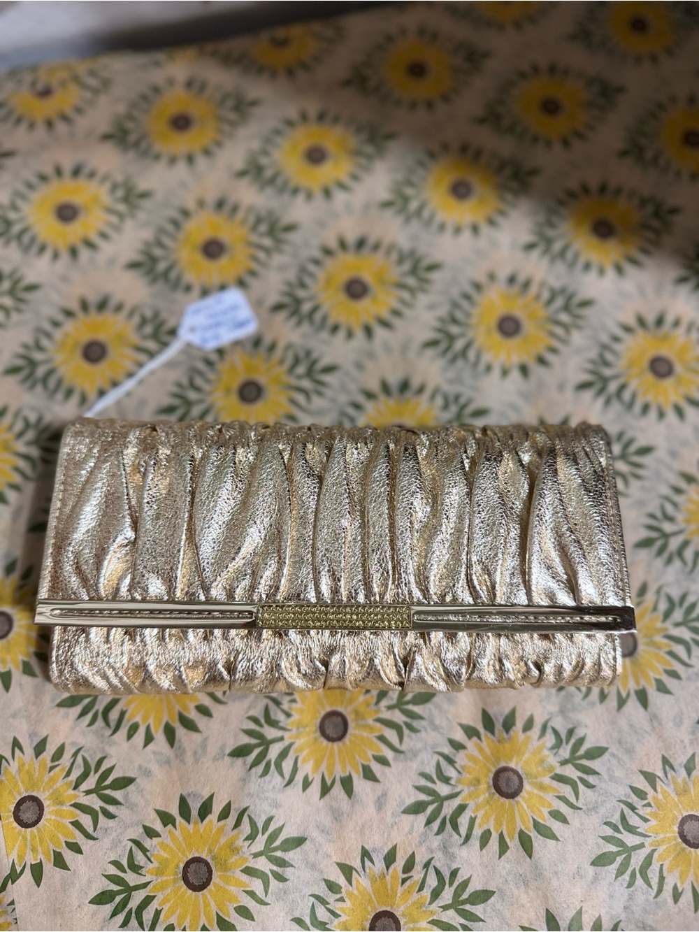 Omnia Crystal Metallic Gold Ruched Evening Clutch with Bar Accent